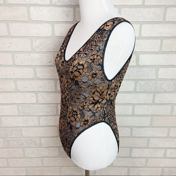 Vtg 80's Natori Black and Gold Lace BodySuit I7 - Picture 2 of 7